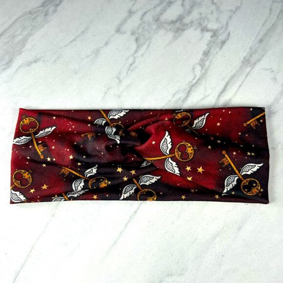 Gold Key Harry Potter Inspired Print Faux Knot/Turban Style Headband - Red/Gold - Picture 1 of 2